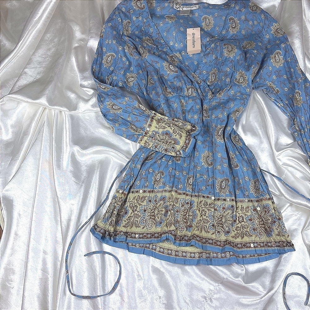 y2k Tunic Top Blue NWT Dressbarn Paisley Sequin V-Neck Tie Waist Cotton Blouse